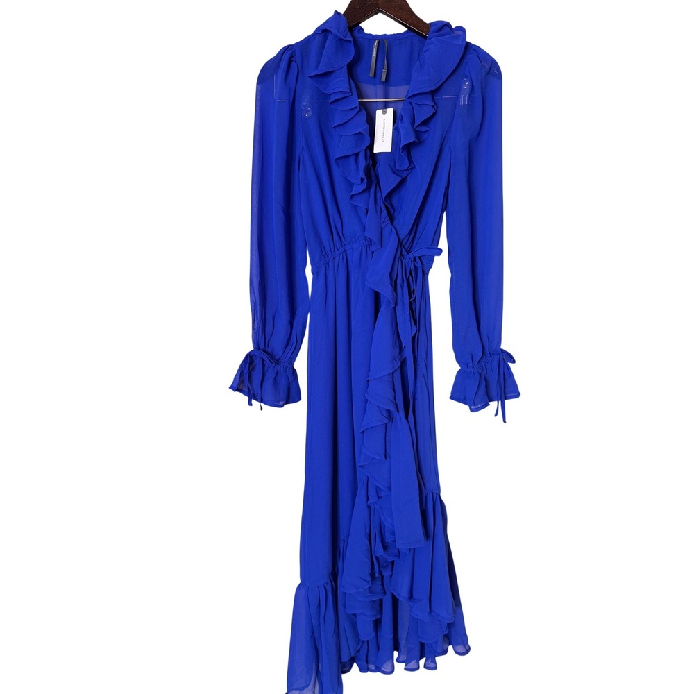 Anthropologie‎ Blue Ruffle Wrap Dress High Low Long Sleeve XXS NWT